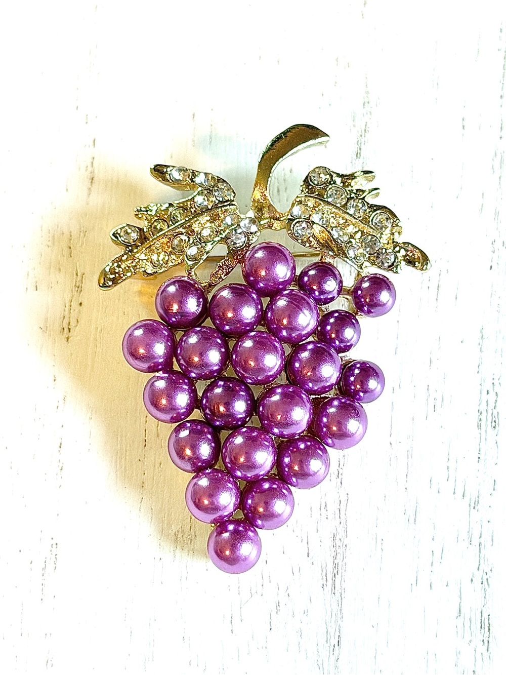 Purple Grapes with Rhinestone Leaves Brooch